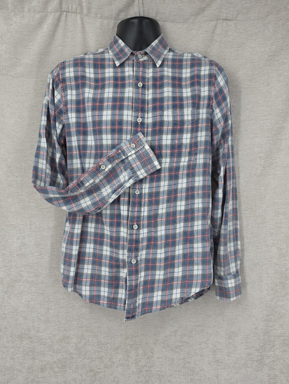 Faherty Indigo Dyed Blue and White Plaid Button Up Shirt Cotton Long Sleeve